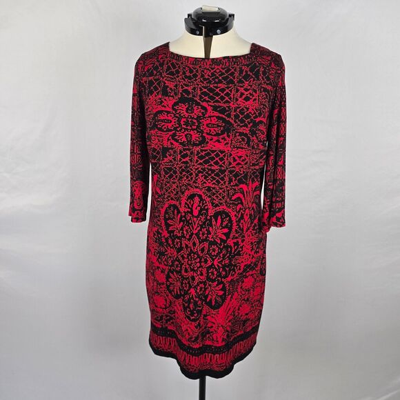 AB Studio Dress Women's 14 Red Black Aztec Floral Pattern Bodycon Long Sleeve - Picture 1 of 16